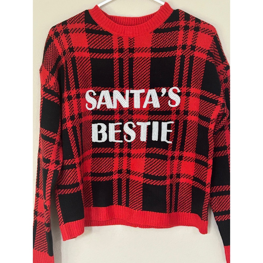 Santas Bestie Red Black Plaid Sequin Christmas Sweater Women Crew Neck Pullover